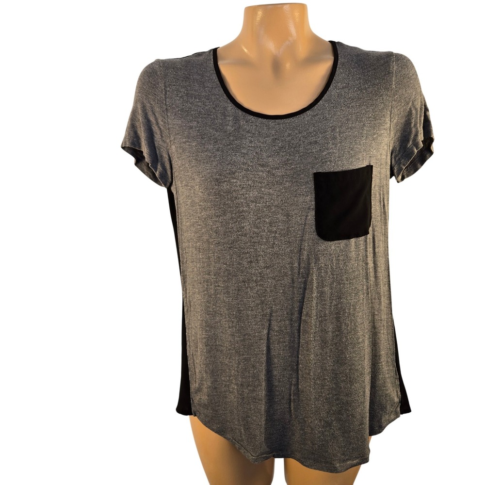 Tahari Gray Black Dressy Accent‎ Pocket Short Sleeve Top Small Flowy Colorblock